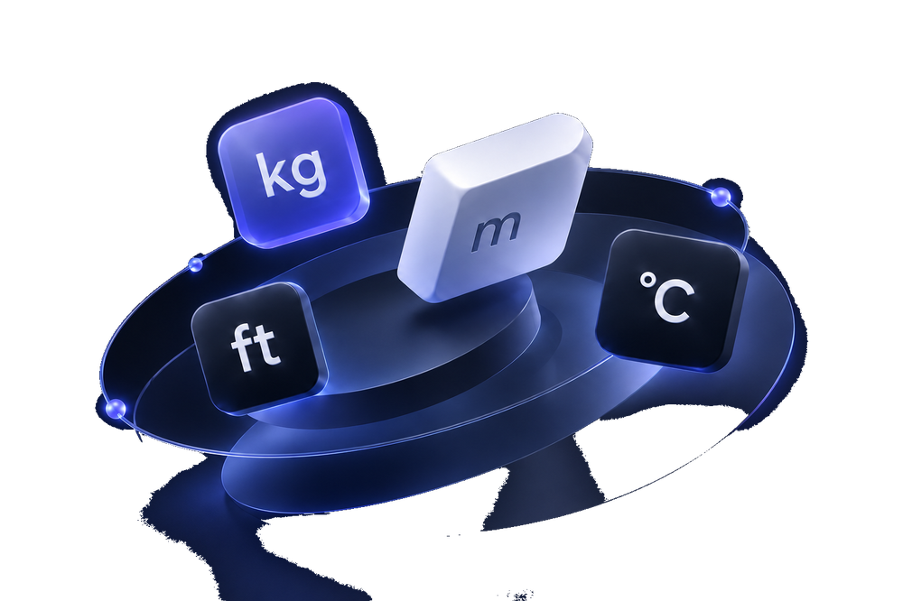 Floating unit icons: kilograms, meters, feet and degrees Celsius, glowing on a dark background