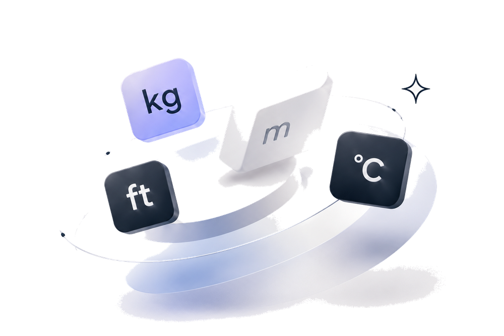 Floating unit icons: kilograms, meters, feet and degrees Celsius